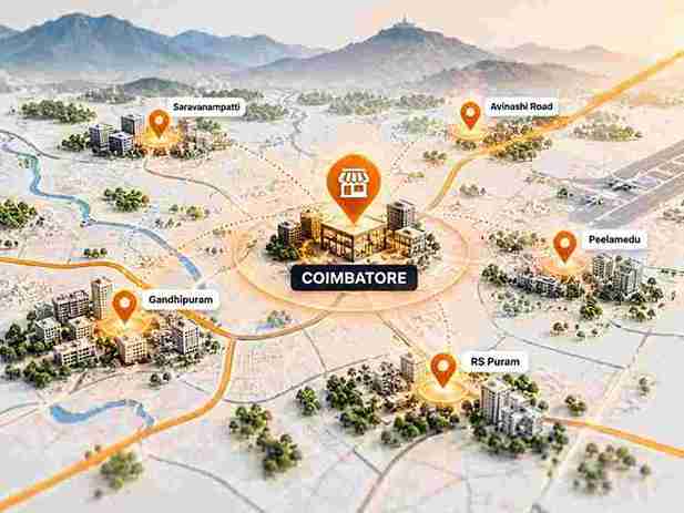 Local SEO map showing key areas of Coimbatore including Peelamedu, RS Puram, Gandhipuram, Saravanampatti and Avinashi Road